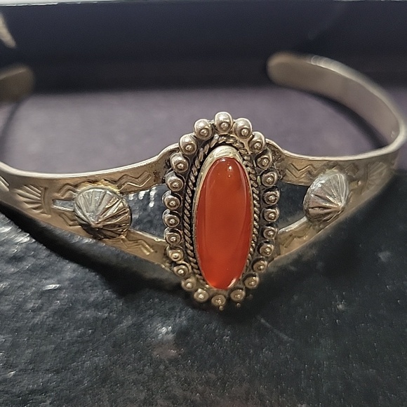 Sterling Silver Style Orange Oval Stone Cuff Bracelet - Picture 4 of 11